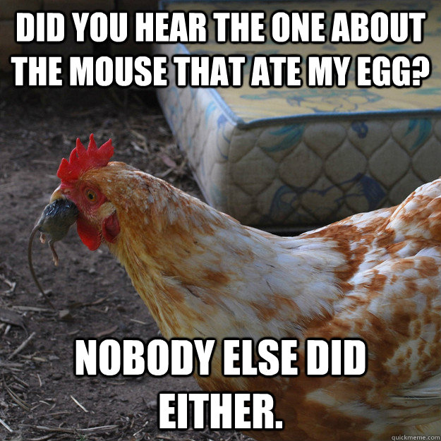 Did you hear the one about the mouse that ate my egg? Nobody else did either.  Anti-Joke Chicken