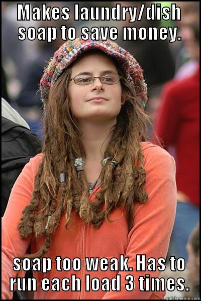 MAKES LAUNDRY/DISH SOAP TO SAVE MONEY. SOAP TOO WEAK. HAS TO RUN EACH LOAD 3 TIMES. College Liberal