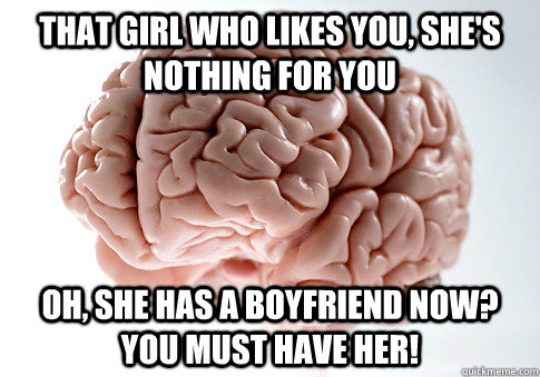 That girl who likes you, she's nothing for you Oh, she has a boyfriend now? You must have her!  Scumbag Brain