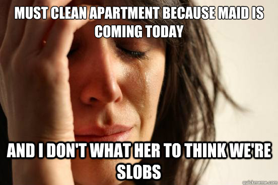 Must clean apartment because maid is coming today And I don't what her to think we're slobs - Must clean apartment because maid is coming today And I don't what her to think we're slobs  First World Problems