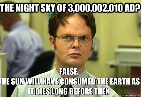 The night sky of 3,000,002,010 AD? False.
The Sun will have consumed the earth as it dies long before then  Schrute