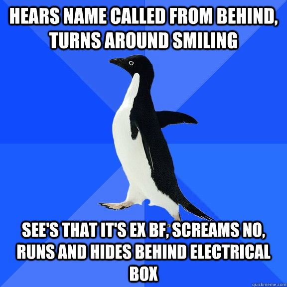 Hears name called from behind, turns around smiling See's that it's ex bf, screams no, runs and hides behind electrical box  Socially Awkward Penguin