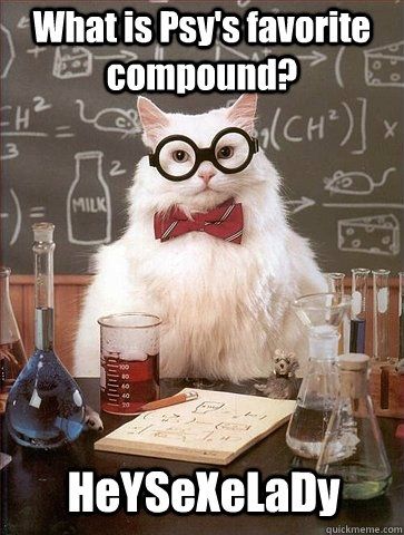 What is Psy's favorite compound? HeYSeXeLaDy - What is Psy's favorite compound? HeYSeXeLaDy  Chemistry Cat