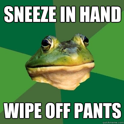 SNEEZE IN HAND WIPE OFF PANTS  Foul Bachelor Frog