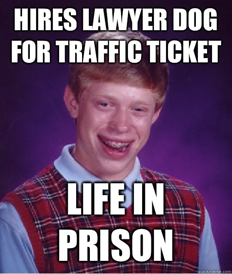 Hires lawyer dog for traffic ticket Life in prison  Bad Luck Brian