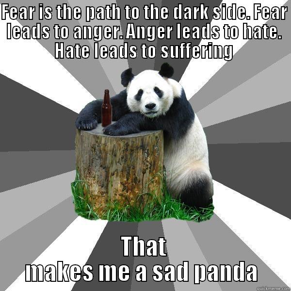 FEAR IS THE PATH TO THE DARK SIDE. FEAR LEADS TO ANGER. ANGER LEADS TO HATE. HATE LEADS TO SUFFERING THAT MAKES ME A SAD PANDA  Pickup-Line Panda