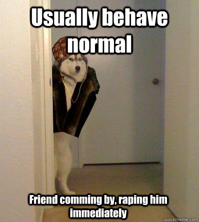 Usually behave normal Friend comming by, raping him immediately  Scumbag dog