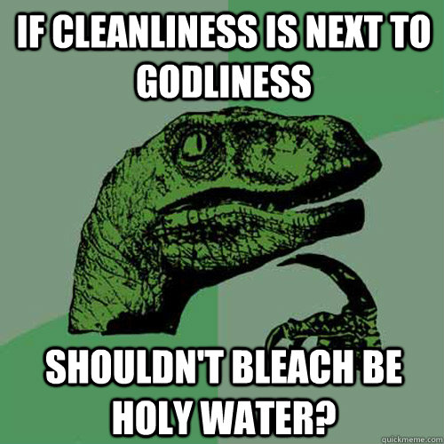 If Cleanliness is Next to Godliness shouldn't bleach be holy water? - If Cleanliness is Next to Godliness shouldn't bleach be holy water?  Philosoraptor