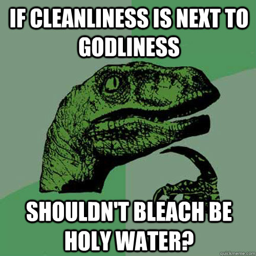 If Cleanliness is Next to Godliness shouldn't bleach be holy water?  Philosoraptor
