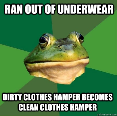 Ran out of underwear Dirty clothes hamper becomes clean clothes hamper  Foul Bachelor Frog