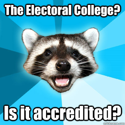 The Electoral College? Is it accredited?  Lame Pun Coon