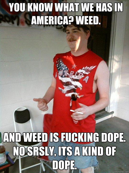You know what we has in america? Weed. And weed is fucking dope. no srsly, its a kind of dope.  Redneck Randal