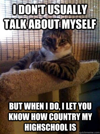 I don't usually talk about myself but when I do, i let you know how country my highschool is  The Most Interesting Cat in the World