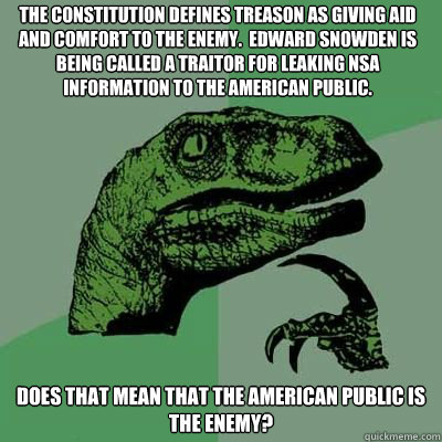 The Constitution defines treason as giving aid and comfort to the enemy.  Edward Snowden is being called a traitor for leaking NSA information to the American public.  Does that mean that the American public is the enemy?  