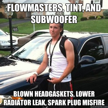 flowmasters, tint, and subwoofer blown headgaskets, lower radiator leak, spark plug misfire  