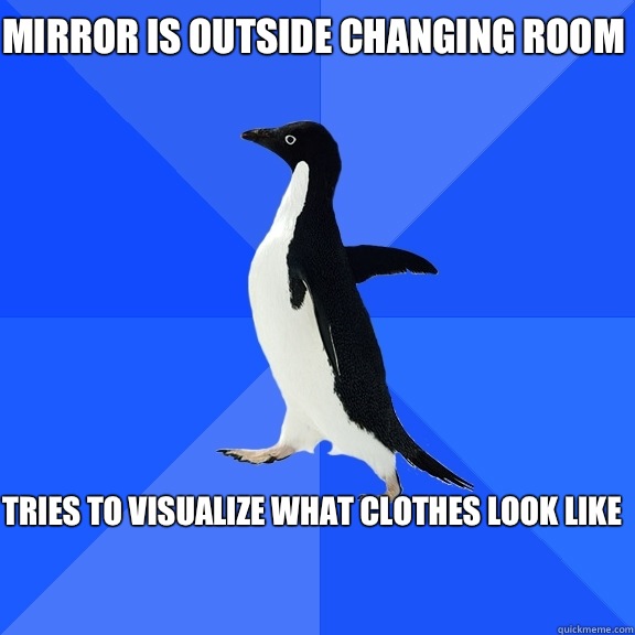 Mirror is outside changing room  Tries to visualize what clothes look like            Socially Awkward Penguin