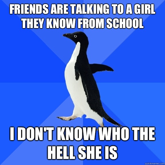 Friends are talking to a girl they know from school I don't know who the hell she is  Socially Awkward Penguin