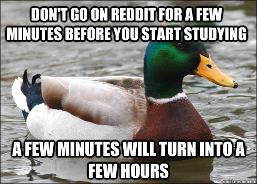 Don't go on reddit for a few minutes before you start studying A few minutes will turn into a few hours - Don't go on reddit for a few minutes before you start studying A few minutes will turn into a few hours  Actual Advice Mallard