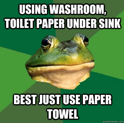 Using washroom, toilet paper under sink Best just use paper towel  Foul Bachelor Frog