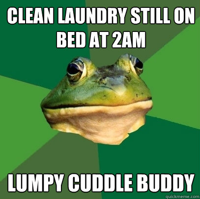 Clean laundry still on bed at 2AM Lumpy cuddle buddy  Foul Bachelor Frog