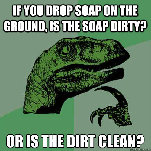 If you drop soap on the ground, is the soap dirty? Or is the dirt clean? - If you drop soap on the ground, is the soap dirty? Or is the dirt clean?  Philosoraptor