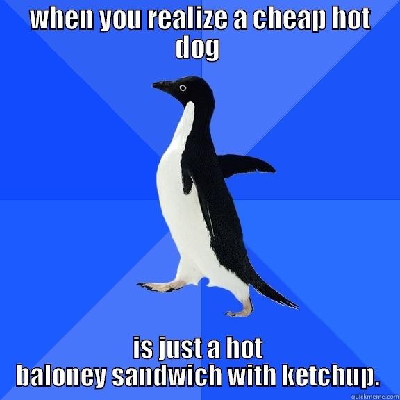  WHEN YOU REALIZE A CHEAP HOT DOG IS JUST A HOT BALONEY SANDWICH WITH KETCHUP. Socially Awkward Penguin