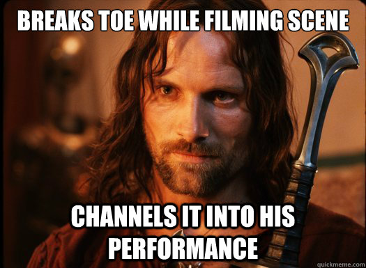 Breaks toe while filming scene Channels it into his performance  