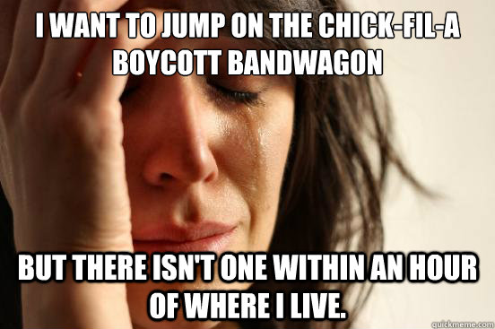 I want to jump on the chick-fil-a boycott bandwagon but there isn't one within an hour of where I live.  First World Problems
