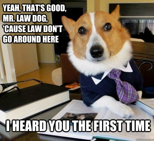 Yeah, that's good, Mr. Law Dog, 'cause law don't go around here I heard you the first time - Yeah, that's good, Mr. Law Dog, 'cause law don't go around here I heard you the first time  Lawyer Dog