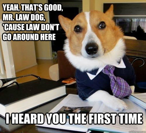 Yeah, that's good, Mr. Law Dog, 'cause law don't go around here I heard you the first time  Lawyer Dog