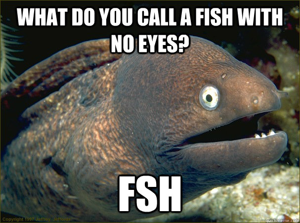 What do you call a fish with no eyes? FSH - What do you call a fish with no eyes? FSH  Bad Joke Eel