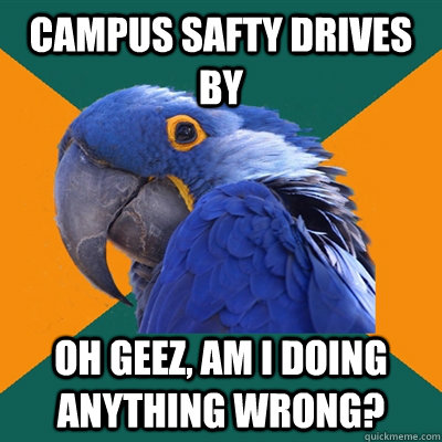Campus safty drives by Oh geez, am I doing anything wrong?  Paranoid Parrot