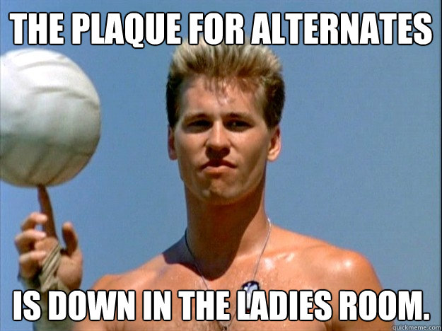 The plaque for alternates is down in the ladies room.  