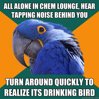 All alone in chem lounge, hear tapping noise behind you Turn around quickly to realize its drinking bird  Paranoid Parrot