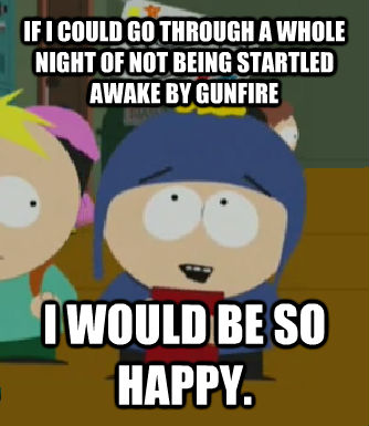 IF I COULD GO THROUGH A WHOLE NIGHT OF NOT BEING STARTLED AWAKE BY GUNFIRE I WOULD BE SO HAPPY.  Craig - I would be so happy