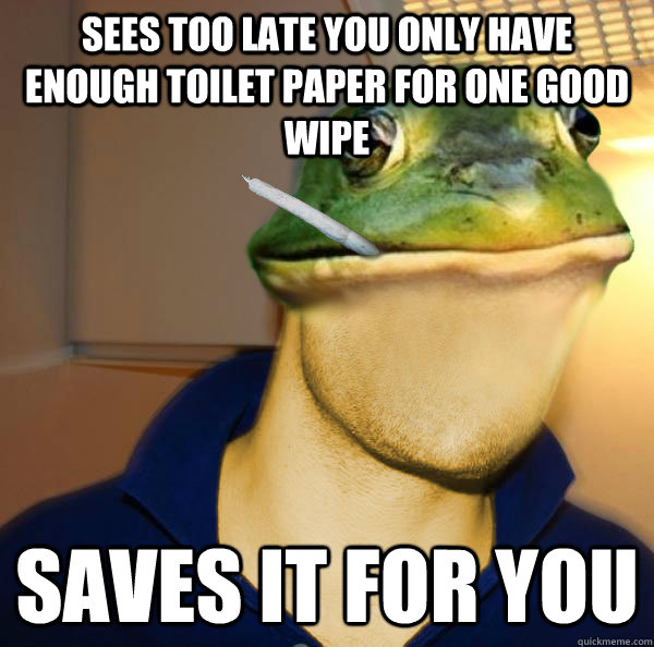 Sees too late you only have enough toilet paper for one good wipe Saves it for you - Sees too late you only have enough toilet paper for one good wipe Saves it for you  Good Guy Foul Bachelor Frog