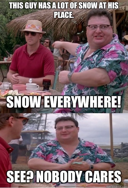 This guy has a lot of snow at his place. Snow everywhere! See? nobody cares  Nobody Cares