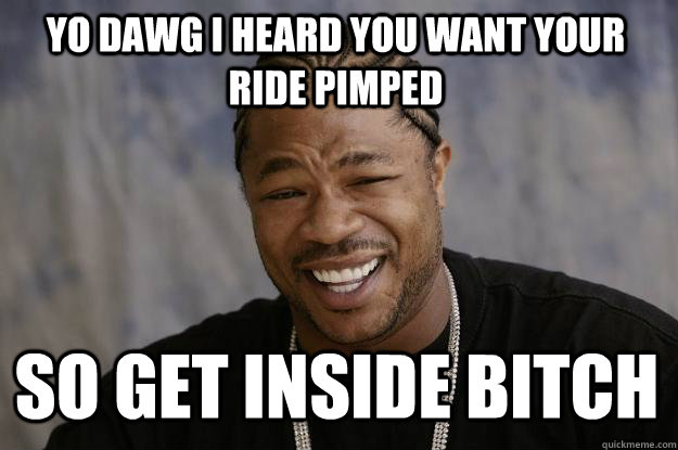 YO DAWG I heard you want your ride pimped So get inside bitch - YO DAWG I heard you want your ride pimped So get inside bitch  Xzibit meme