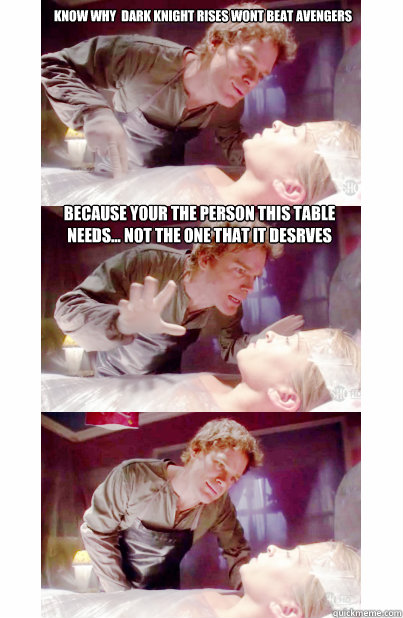 Know why  dark knight rises wont beat avengers because your the person this table needs... not the one that it desrves  