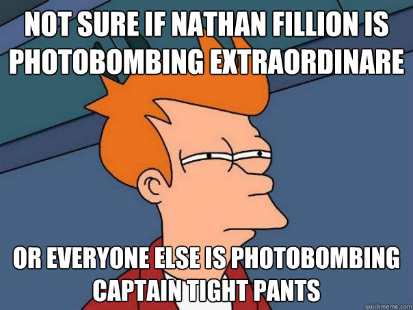 not sure if nathan fillion is photobombing extraordinare or everyone else is photobombing captain tight pants  Futurama Fry