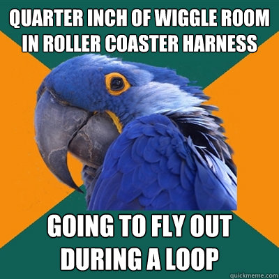 quarter inch of wiggle room in roller coaster harness going to fly out during a loop  Paranoid Parrot