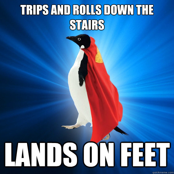Trips and rolls down the stairs lands on feet  