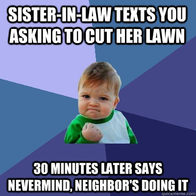 sister-in-law texts you asking to cut her lawn 30 minutes later says nevermind, neighbor's doing it  Success Kid