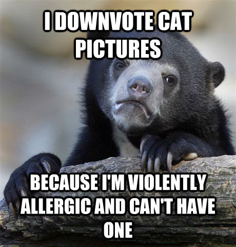 I DOWNVOTE CAT PICTURES BECAUSE I'M VIOLENTLY ALLERGIC AND CAN'T HAVE ONE  Confession Bear