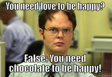 YOU NEED LOVE TO BE HAPPY? FALSE: YOU NEED CHOCOLATE TO BE HAPPY! Dwight