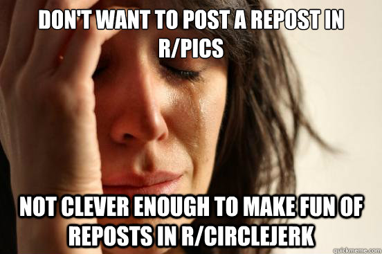 Don't want to post a repost in r/pics not clever enough to make fun of reposts in r/circlejerk  First World Problems
