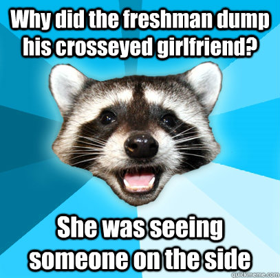 Why did the freshman dump his crosseyed girlfriend? She was seeing someone on the side - Why did the freshman dump his crosseyed girlfriend? She was seeing someone on the side  Lame Pun Coon