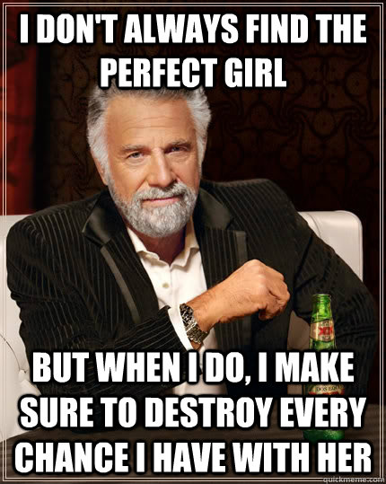 i don't always find the perfect girl but when I do, i make sure to destroy every chance i have with her - i don't always find the perfect girl but when I do, i make sure to destroy every chance i have with her  The Most Interesting Man In The World