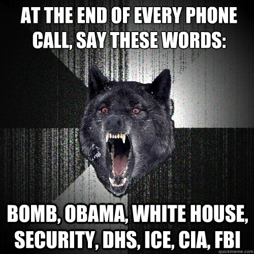 At the end of every phone call, say these words: Bomb, Obama, White House, Security, DHS, ICE, CIA, FBI  Insanity Wolf