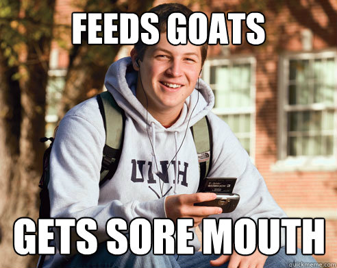 Feeds Goats Gets sore mouth Caption 3 goes here  College Freshman